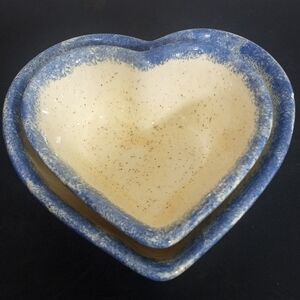 SET of Two Nesting Heart Shape Blue and Cream Speckle Dishes